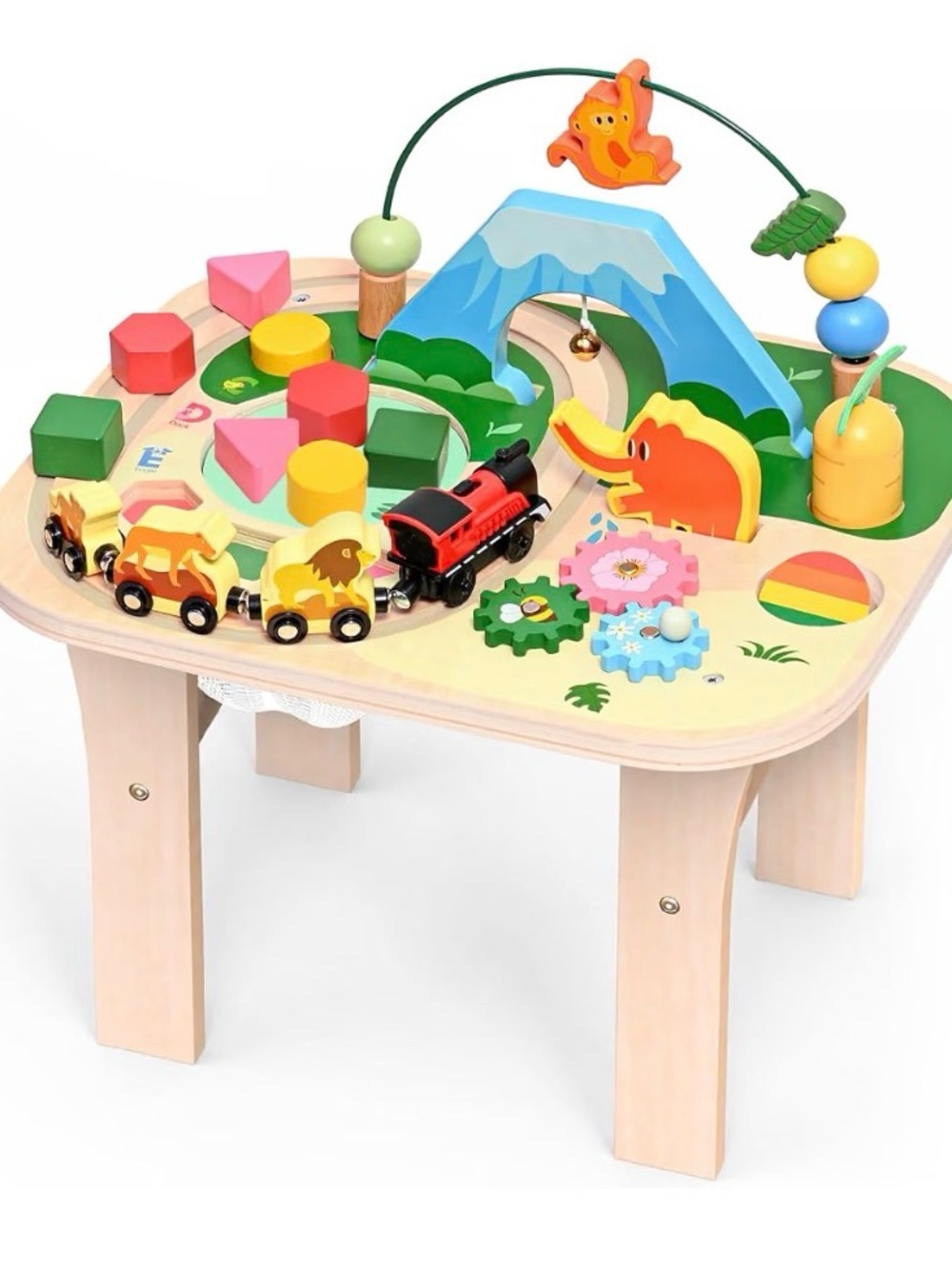 Wooden Activity Table with Animals and Train Set - Multicolor